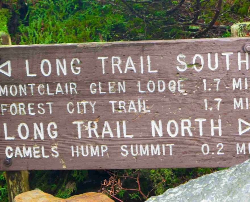 A trail sign for the long trail in Waitsfield, VT