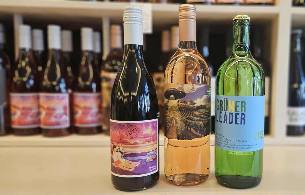 Yummy looking bottles of well selected wine on display at Haberdasher Wine & Provisions in downtown Bennington, VT